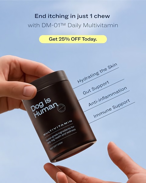 A clean, high-contrast creative showing a person holding a supplement jar with bulleted health benefits listed alongside the product.